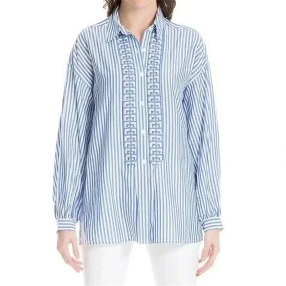 [L]Max Studio 100 Modal White Blue Straps Prints Button  Down Women Shirt - Picture 2 of 11